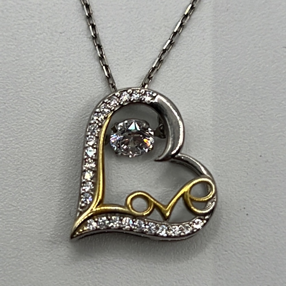 STERLING SILVER AND CZ HEART NECKLACE WITH SPINNING CZ STONE AND “LOVE”